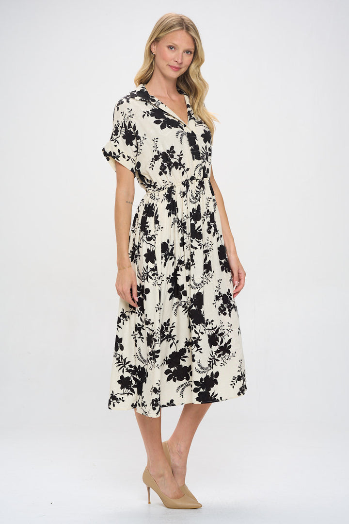 Textured Collared V neck Midi Dress with Pockets-3