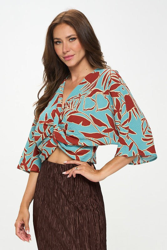 Print Mid Sleeve Top with Front Twist-2