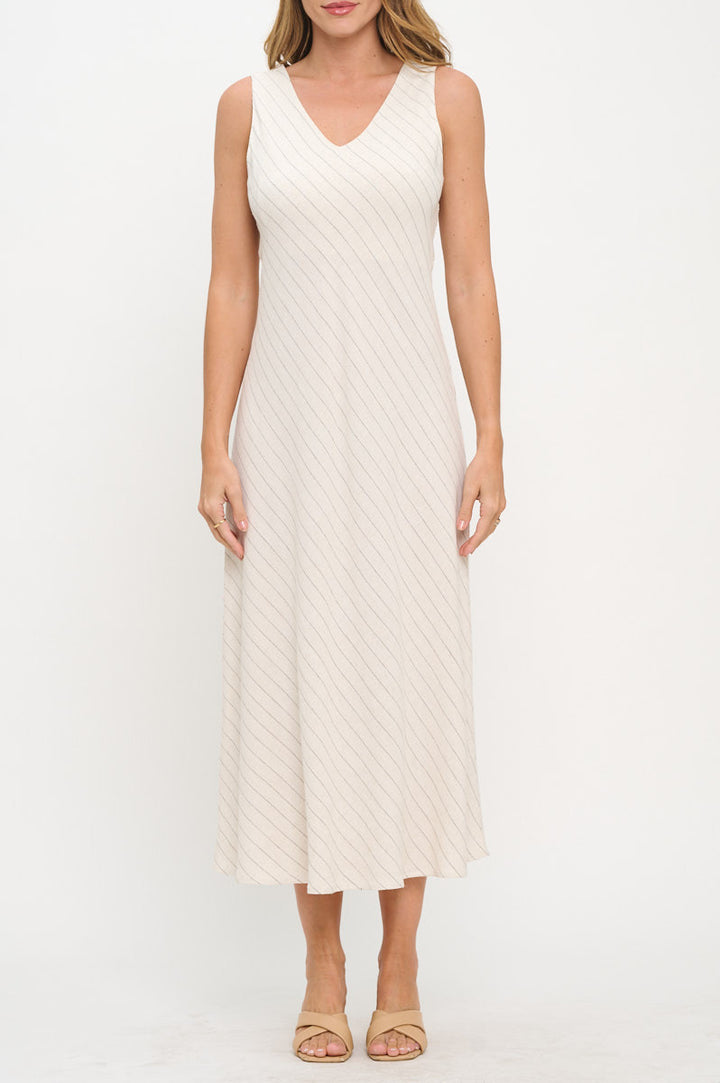 Linen Striped V neck Midi Dress-1