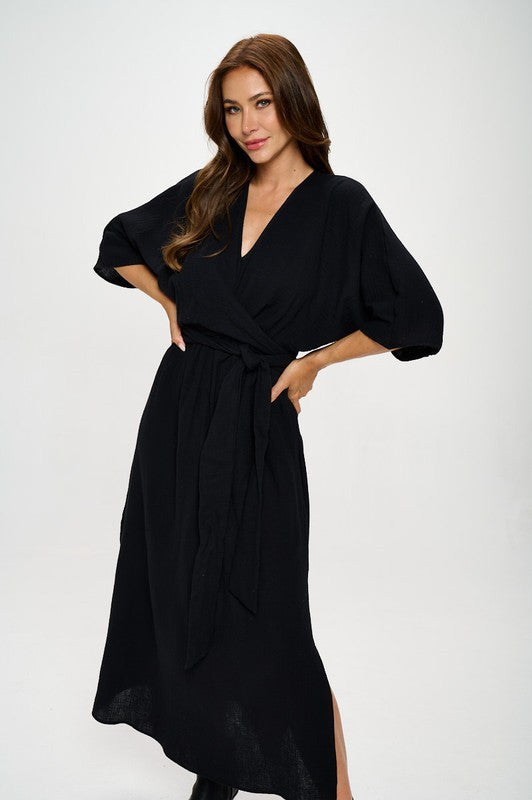 Solid Kimono Style Maxi Dress with Tie-3