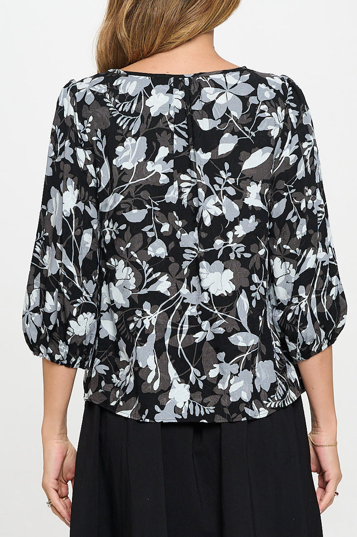 Floral Print 3/4 Sleeve Top with Front Twist-3