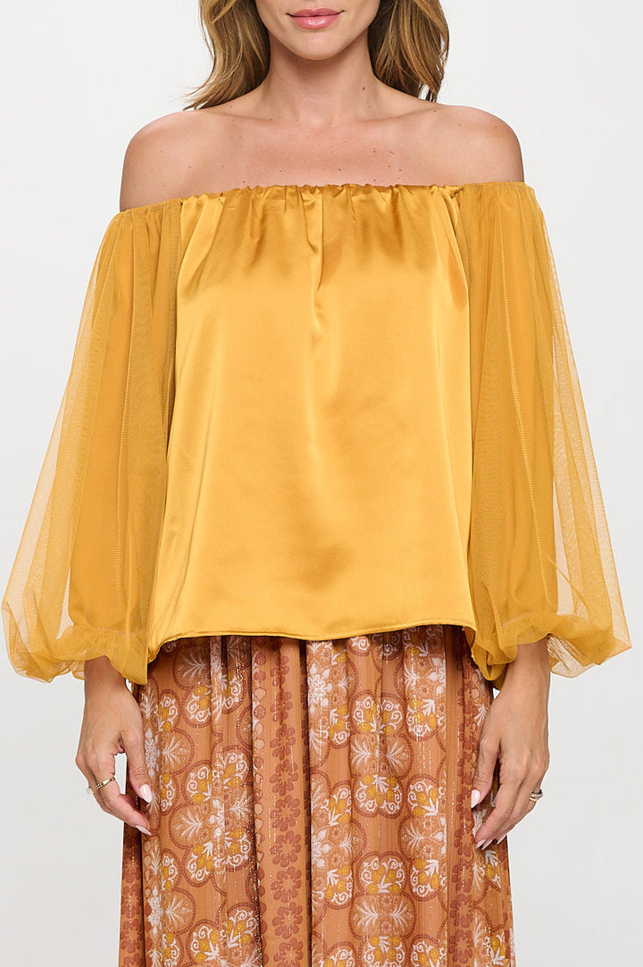 Solid Satin Front Versatile Top with Puff Sheer Sleeve-1