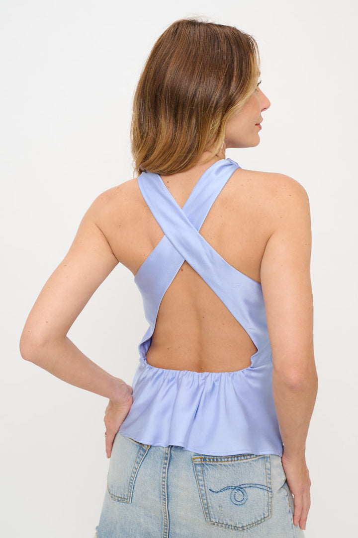Satin Halter neck Sleeveless Ruched Top with Open Back-0