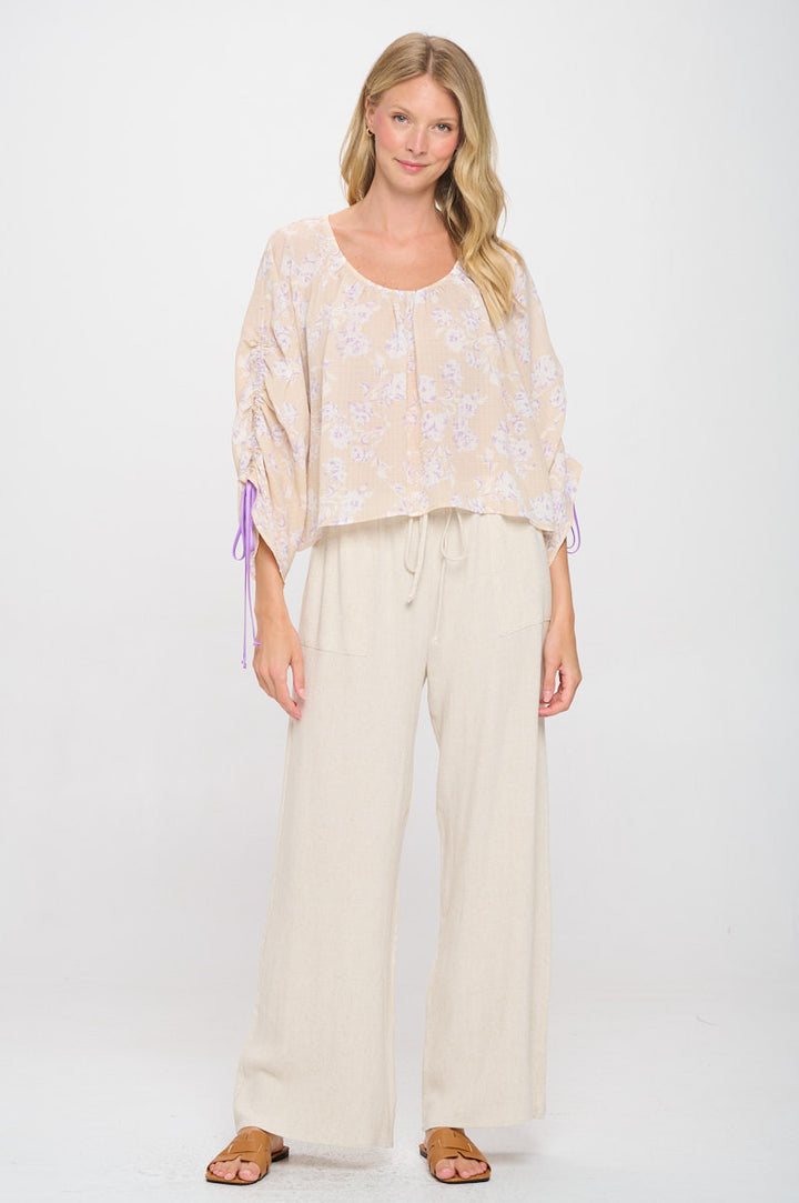 Floral Print Boat Neck Top with Adjustable Tie Sleeve-4