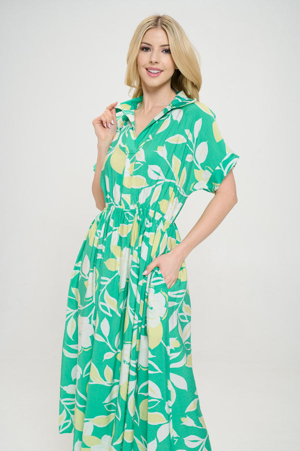Flower Print Collared V neck Midi Dress with Pockets-0