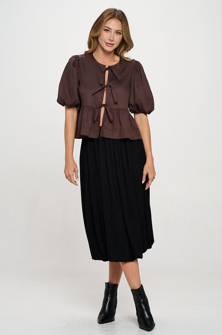 Tencel Puff Sleeve Top with Front Bow Detail-4