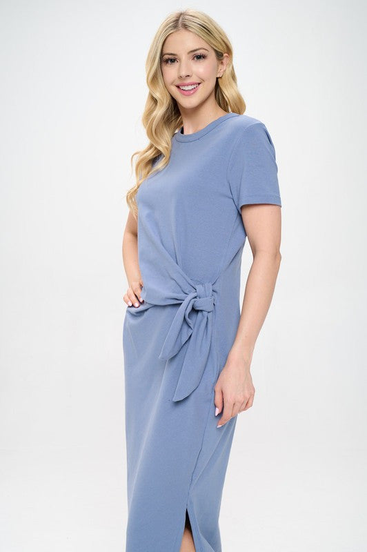 Solid Short Sleeve Bodycon Midi Dress with Front Tie and Slit-0