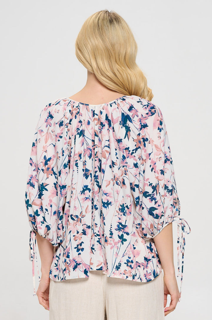 Floral Print V neck Top with Sleeve Tie-3