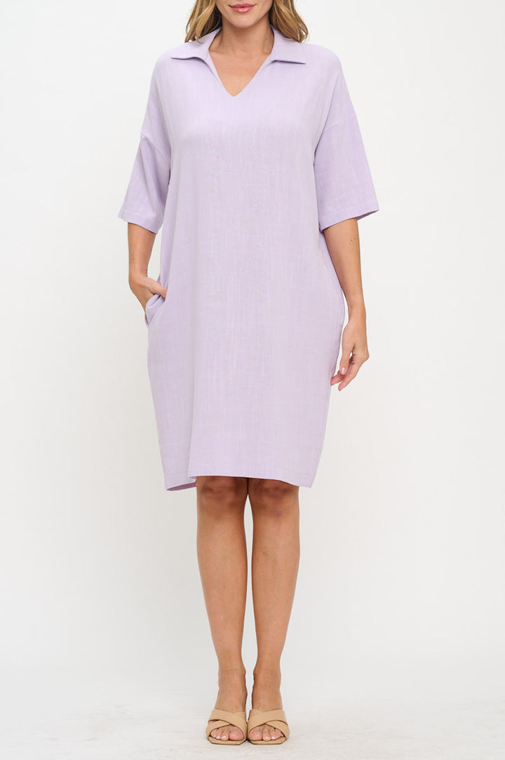 Linen V neck Collared Dress with Pockets-3