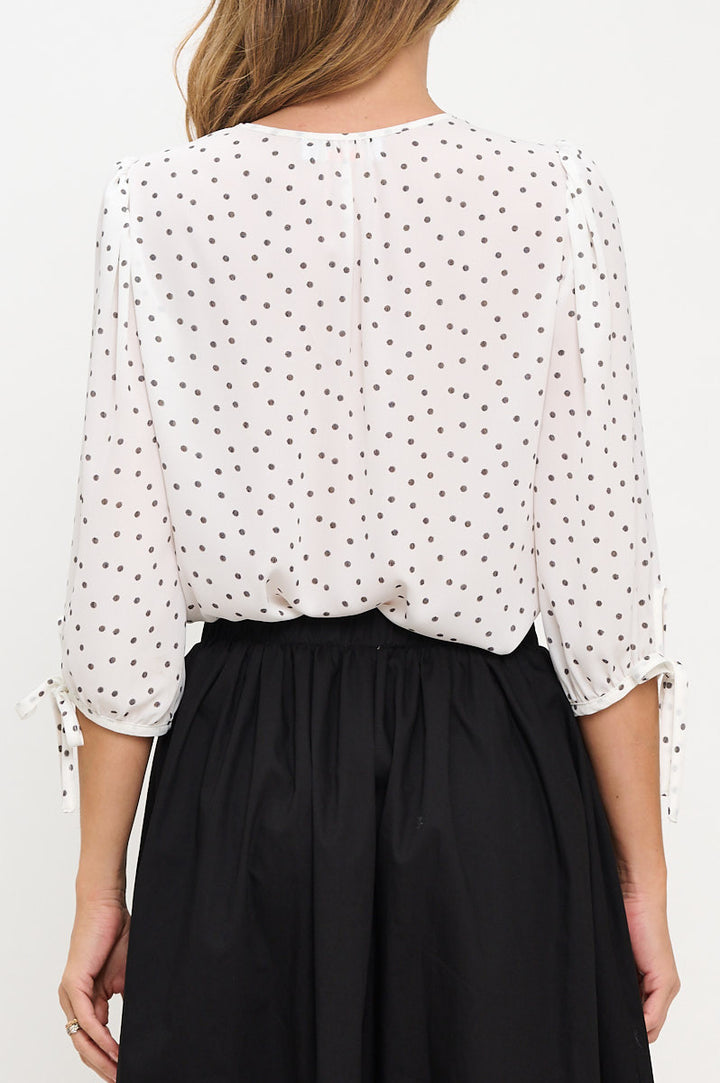 Polka Dot Semi Sheer V neck Top with Sleeve Tie-3