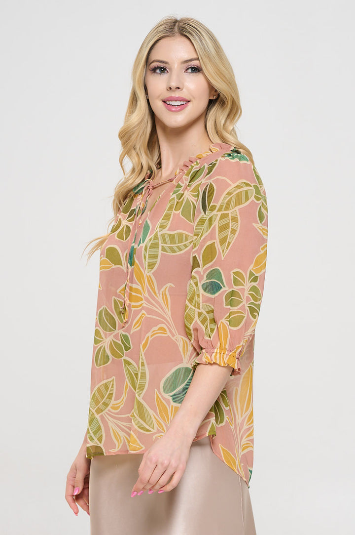 Semi Sheer Leaf Print 3/4 Sleeve Top with Tie-2