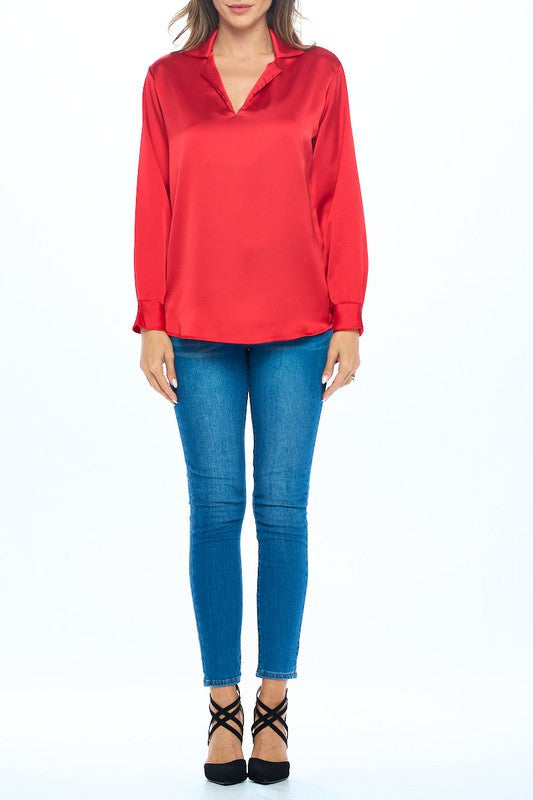 Stretch Satin V neck Top w/ Collar and Cuff Sleeve-3