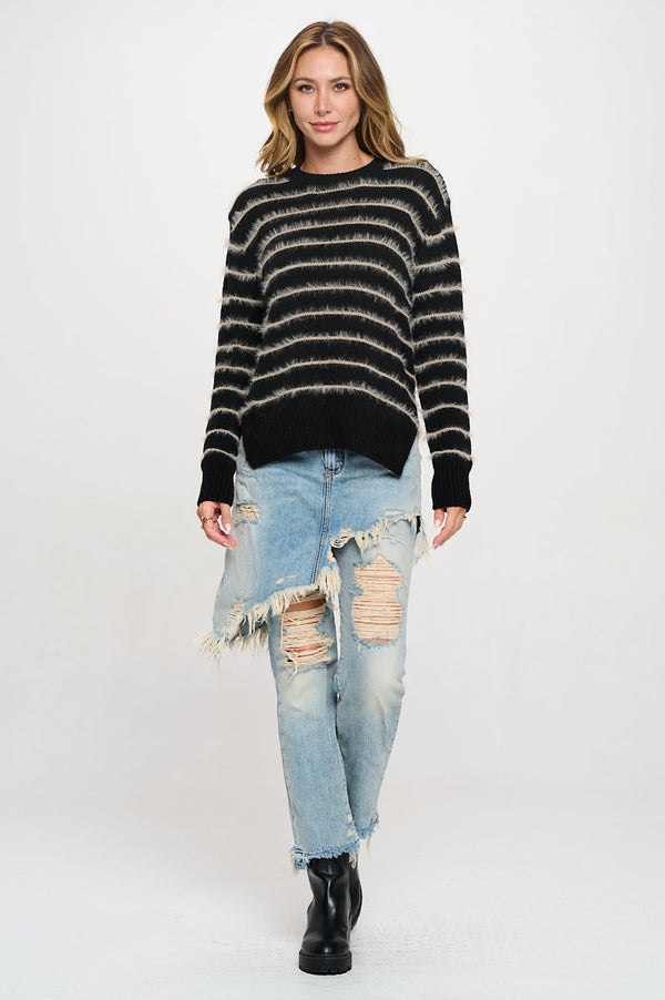 Striped Fuzzy Long Sleeve Pullover Crewneck with Side Slit-5
