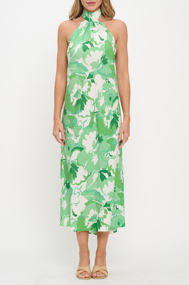 Floral Print Halter neck Backless Midi Dress-1