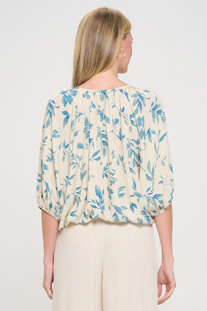 Floral Print V neck 3/4 Sleeve with Tie-3