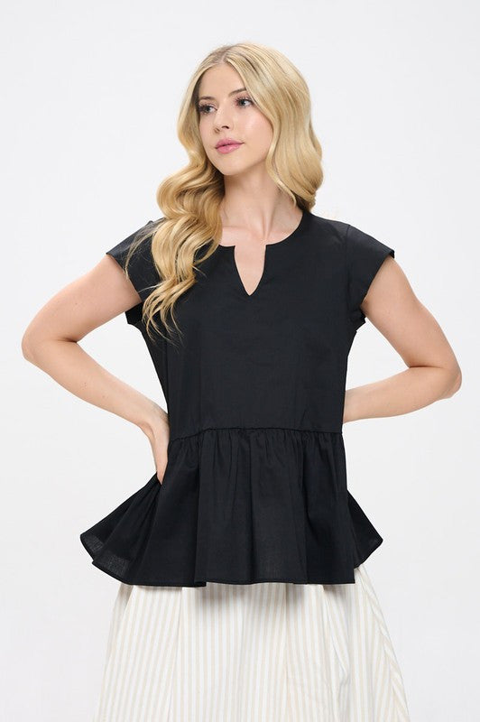 Cotton V neck Short Sleeve Top with Tiered Hem-1