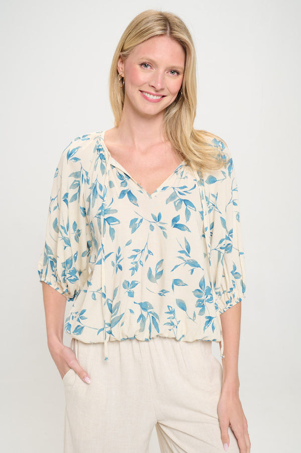 Floral Print V neck 3/4 Sleeve with Tie-0