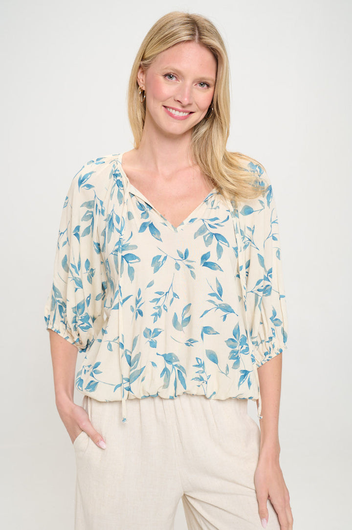 Floral Print V neck 3/4 Sleeve with Tie-0