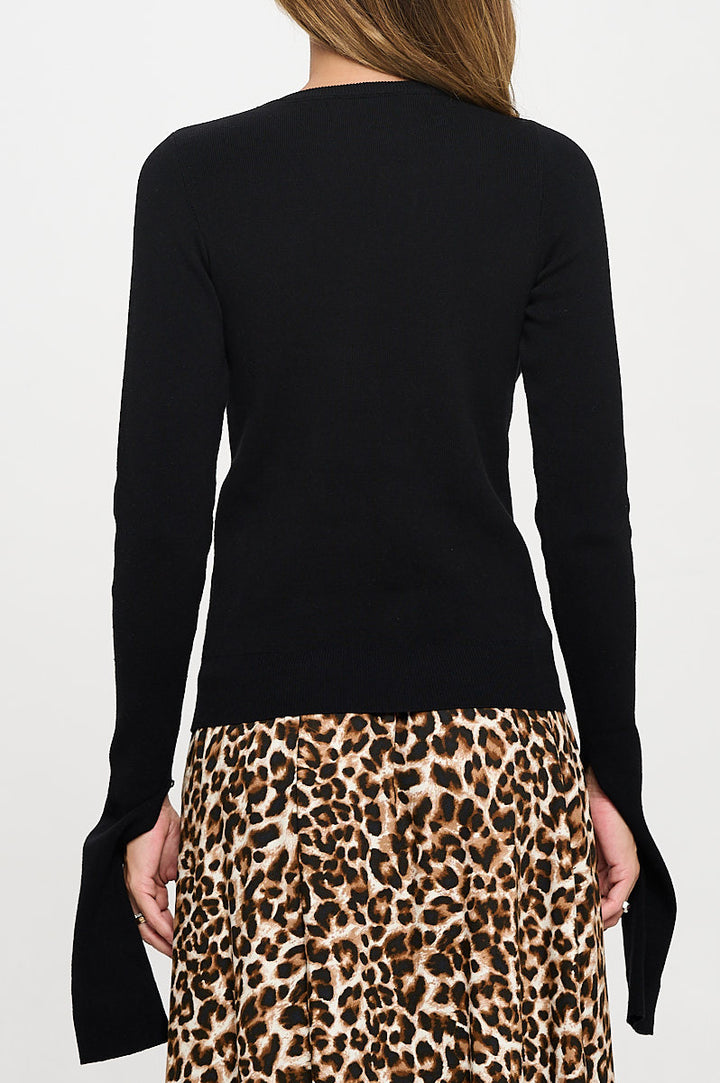 Rib Knit Round neck Sweater with Open Long Sleeve-3