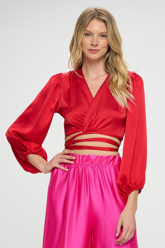 Silky Satin Wrap Crop Top with Tie-2