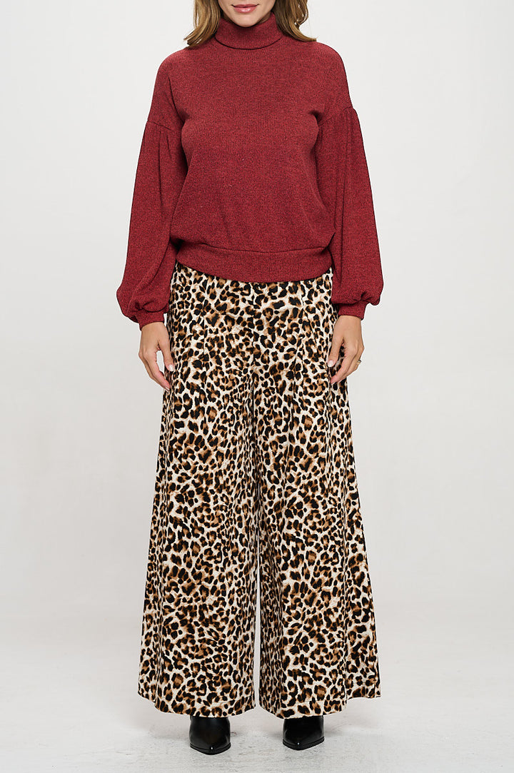 Rib Knit Turtleneck Top with Balloon Cuffed Sleeve-1
