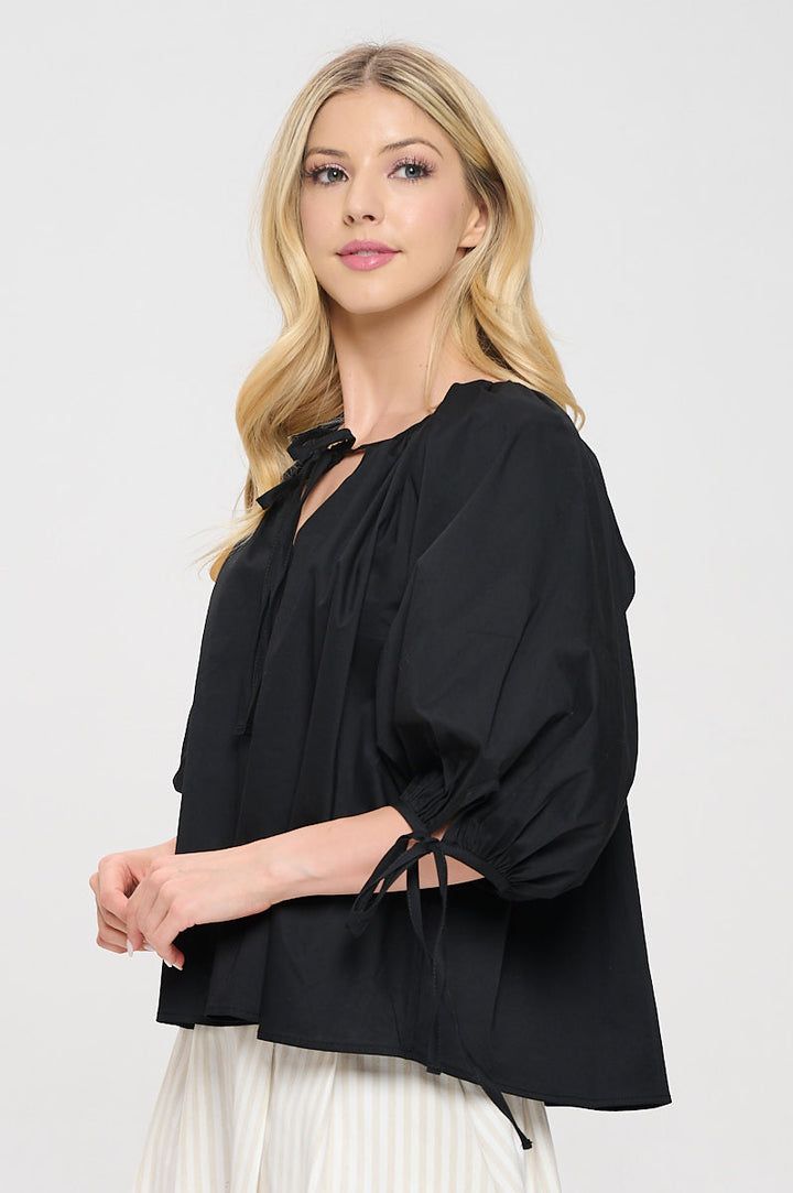 Cotton V neck Half Puff Sleeve with Tie-2