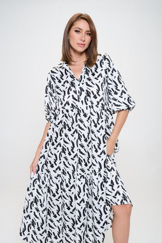 Print Collared V neck Tiered Dress with Pockets-0