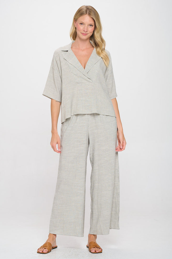 Striped Cotton Relaxed Oversize Fit V neck Top with Colla-1