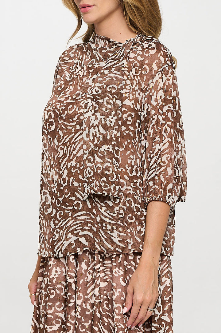 Abstract Print Sheer 3/4 Sleeve with Scarf Detail-3
