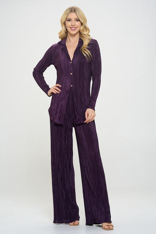 Plisse Solid Button Down Top with Collar-4