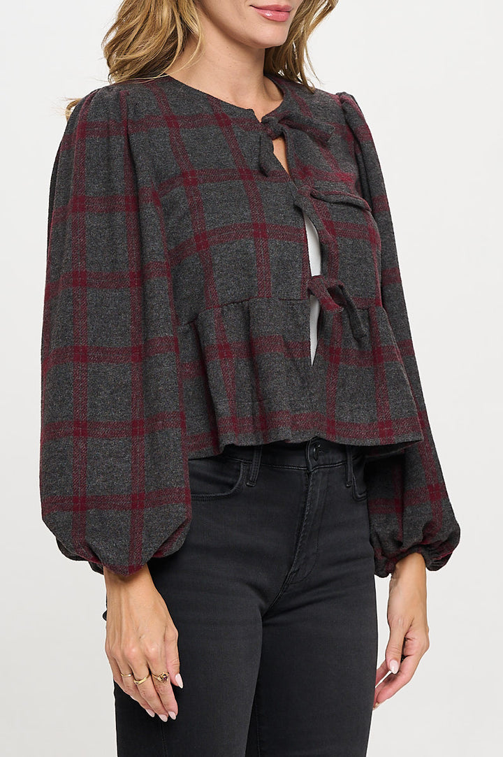 Plaid Long Puff Sleeve Top with Open Front Tie Detail-3