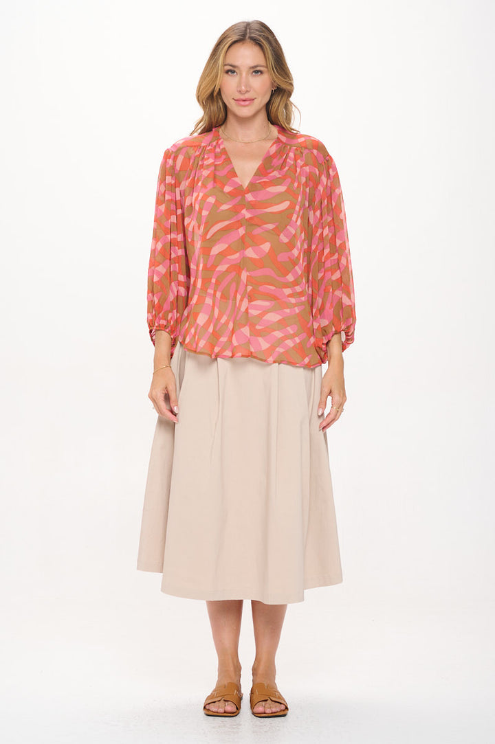 Abstract Print V neck Sheer Top with 3/4 Sleeve-4