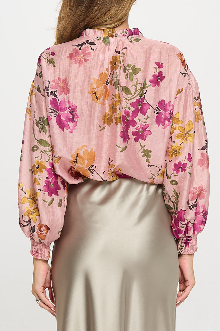 Floral Print V neck Top with Cuffed Sleeve-4