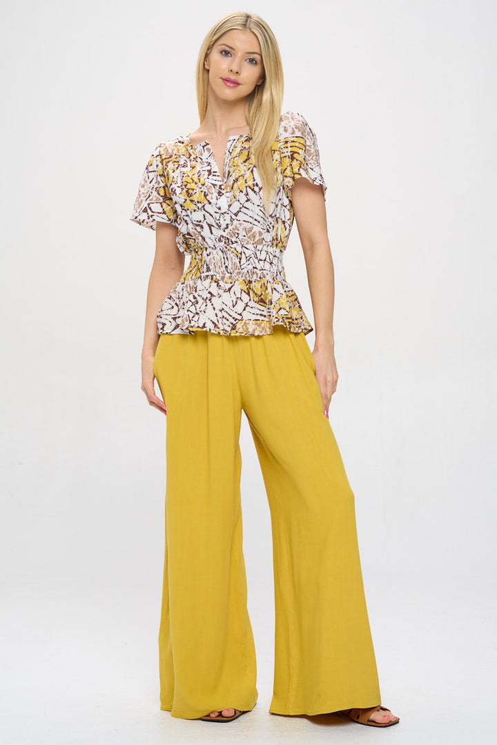 Abstract Print V neck Short Sleeve Top with Smock Waist Detail-4