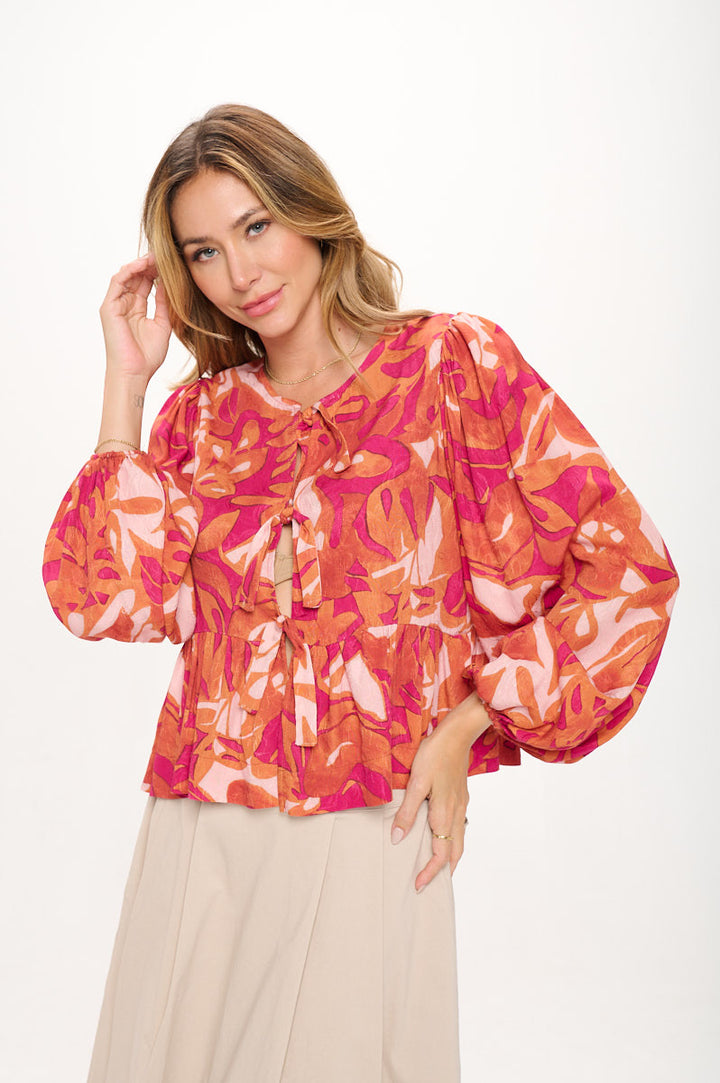 Leaf Print Long Puff Sleeve Top with Front Tie Detail-0