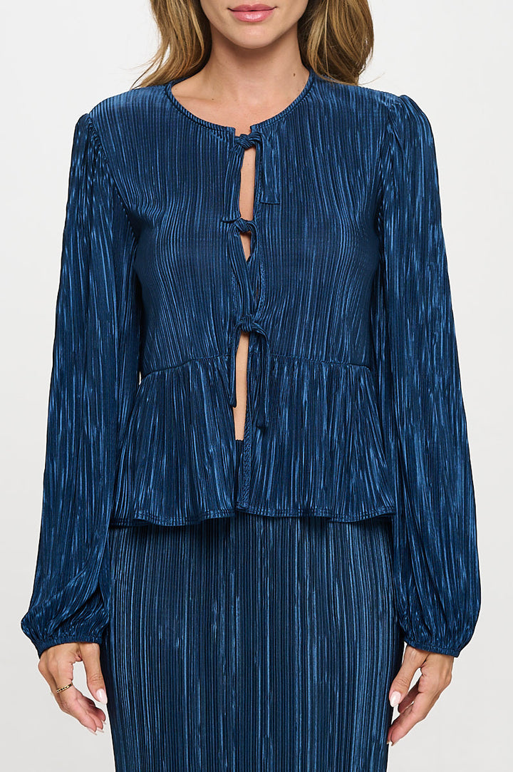 Plisse Long Puff Sleeve Top with Open Front Tie Detail-1