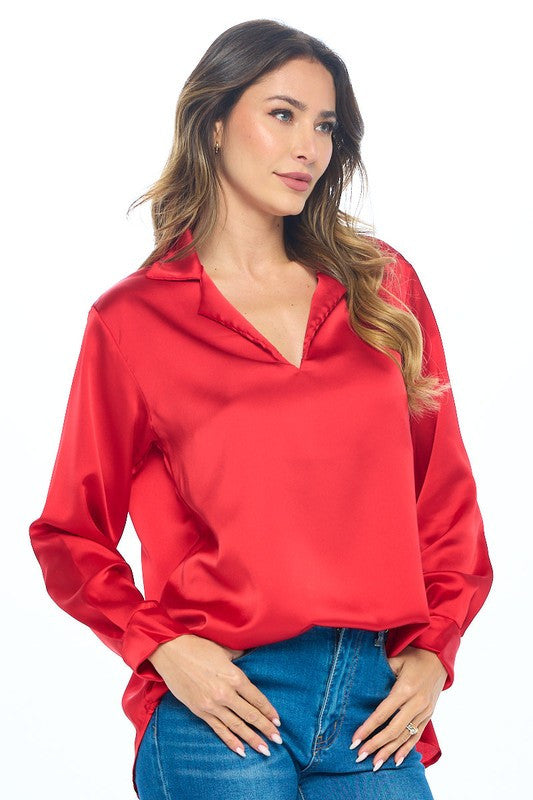 Stretch Satin V neck Top w/ Collar and Cuff Sleeve-1