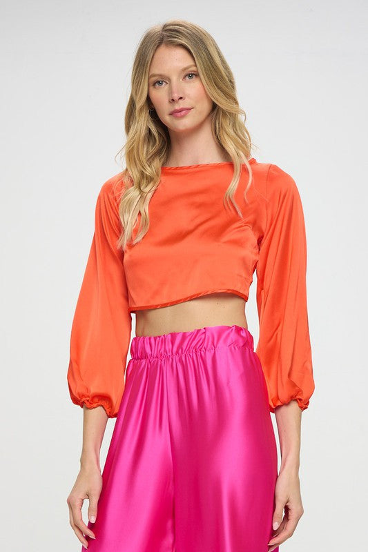 Stretch Satin Crop Top with Open Back-1