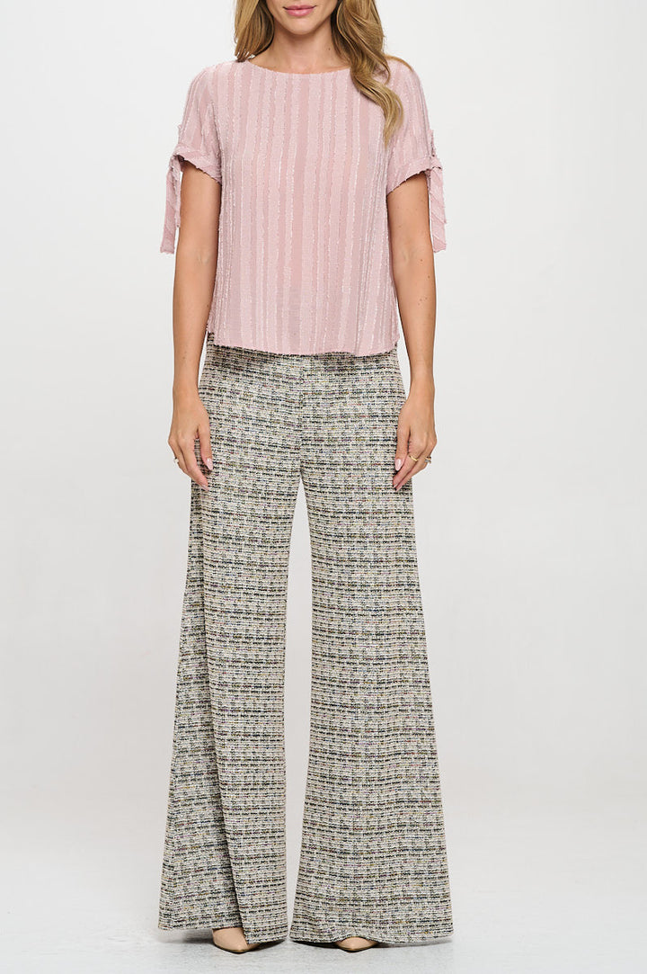 Textured Solid Short Sleeve Top with Tie Sleeve-1