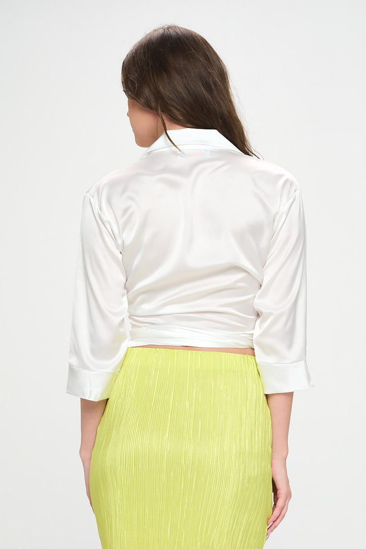Silky Satin Collared V neck Wrap Top with Tie-4