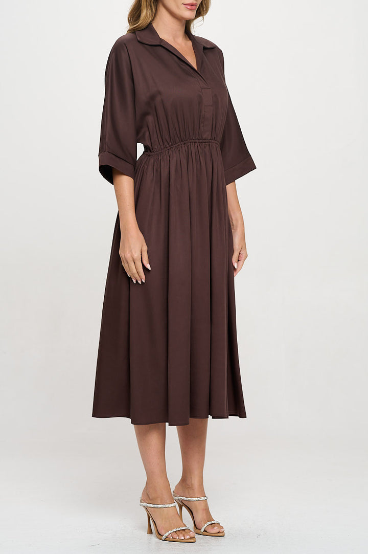 Tencel Collared V neck Midi Dress with Pockets-2