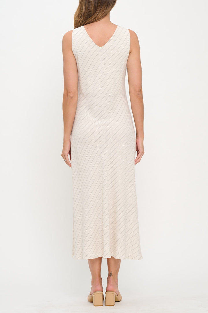 Linen Striped V neck Midi Dress-3