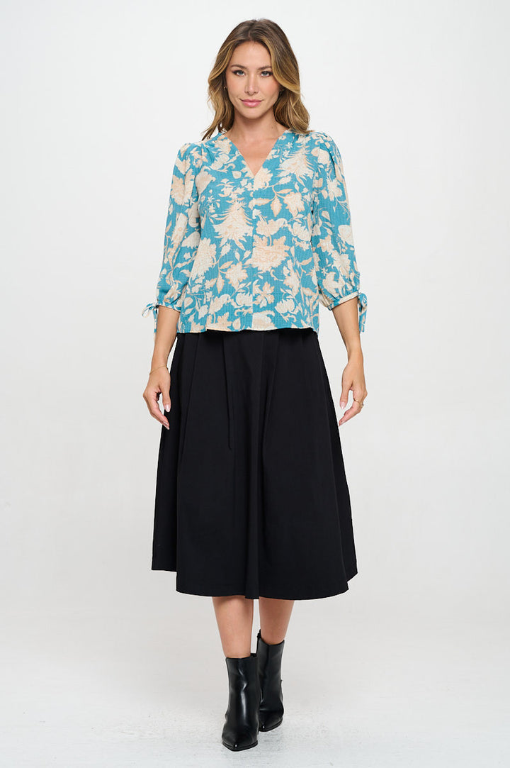 Floral Print V neck Top with Sleeve Tie-4