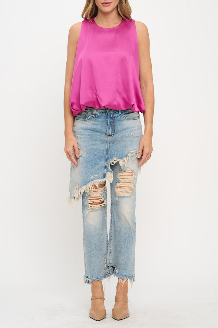 Satin Sleeveless Top with Bubble Hem and Back Keyhole-1