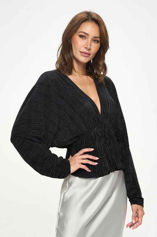 Plisse V neck Top with Balloon Dolman Sleeve-1