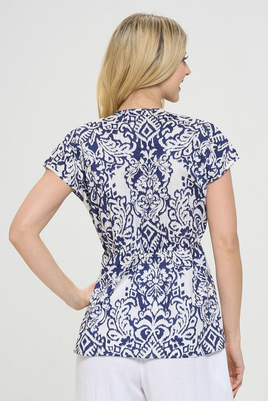 Cotton Print V neck Short Sleeve Kimono Top-3