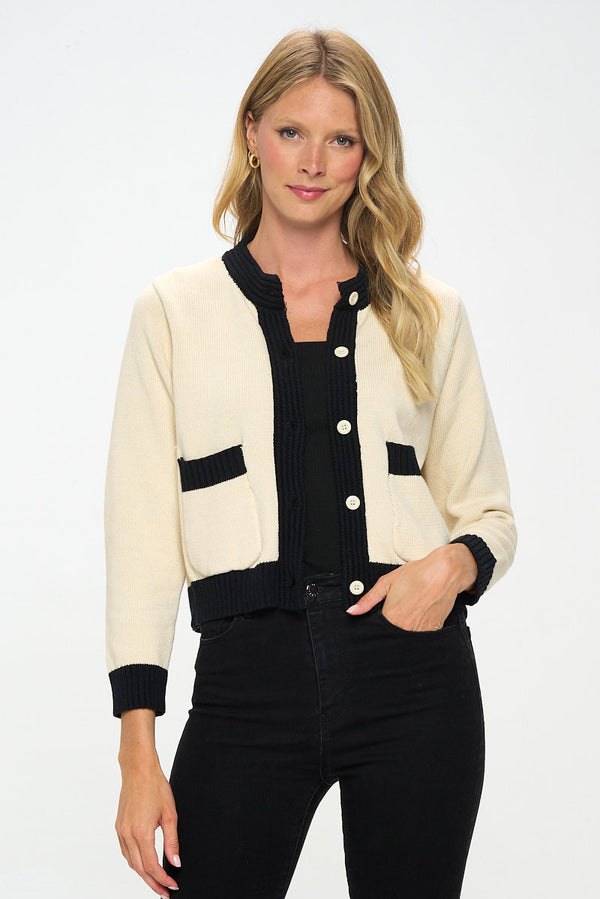 Knit Open Front Mini Cardigan with Buttons-0
