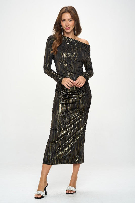 Off Shoulder Bodycon Midi Ruched Dress-1