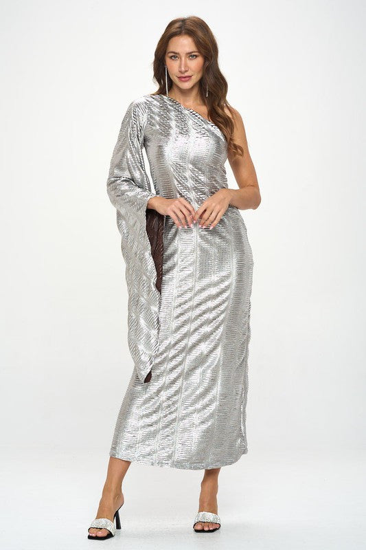 Metallic One Shoulder Bell Sleeve Maxi Dress-3