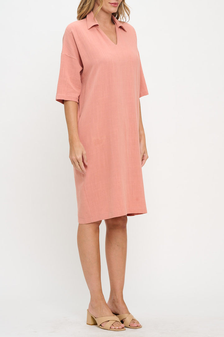 Linen V neck Collared Dress with Pockets-2